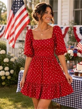 Red White Polka Dot Open Back Bow Dress Puff Sleeve Cottagecore Size M